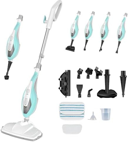 White and green handheld floor steamer