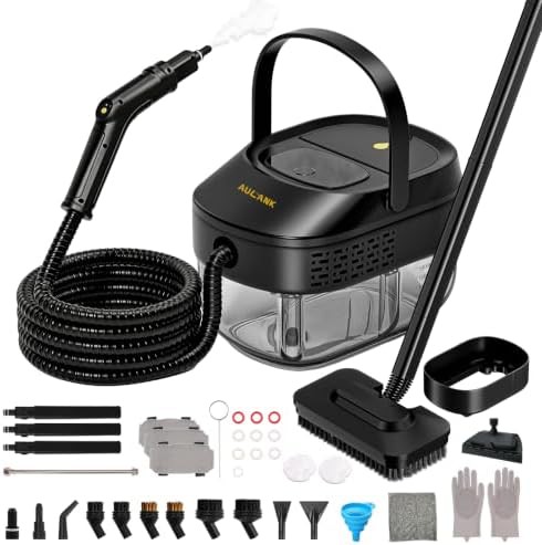 Black handheld steam cleaner with rolling base